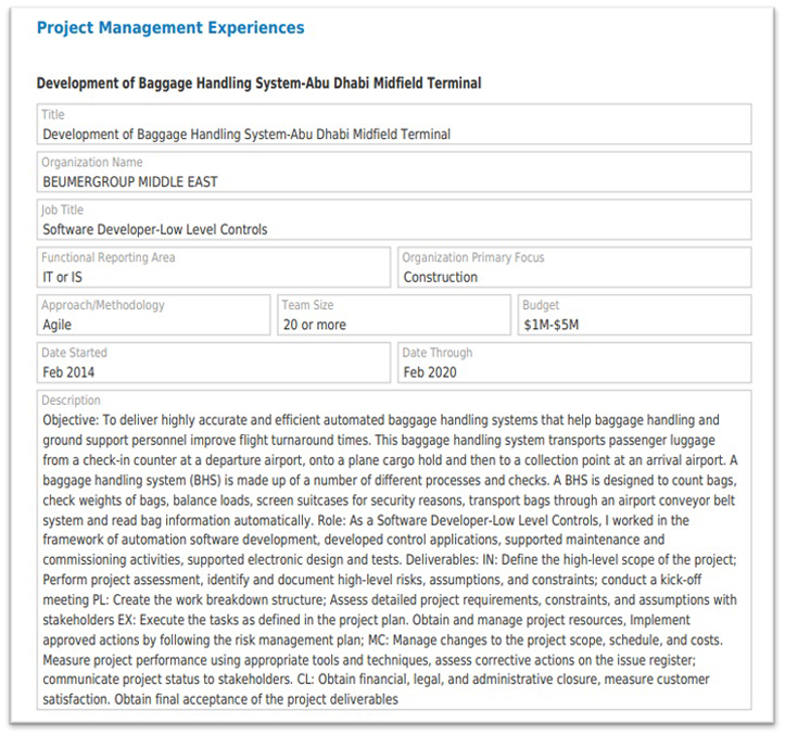 pmp application experience examples pdf